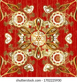 Ornamental floral elements with henna tattoo, golden stickers, mehndi and yoga design, cards and prints. Pattern on red and brown colors with golden elements. Vector golden mehndi pattern.
