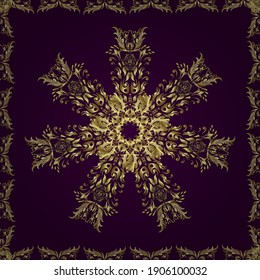Ornamental floral elements with henna tattoo, golden stickers, mehndi and yoga design, cards and prints. Pattern on brown and neutral colors. Vector golden mehndi seamless pattern.