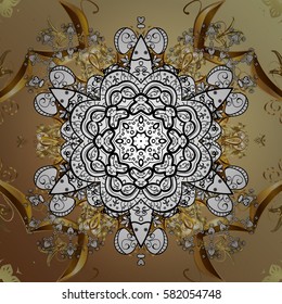 Ornamental floral elements with henna tattoo, golden stickers, mehndi and yoga design, cards and prints. Pattern on beige background with golden elements. Vector golden mehndi.