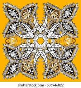 Ornamental floral elements with henna tattoo, white stickers, mehndi and yoga design, cards and prints. Pattern on yellow background with white elements. Vector white mehndi seamless pattern.