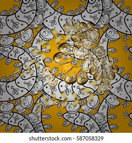 Ornamental floral elements with henna tattoo, golden stickers, mehndi and yoga design, cards and prints. Pattern on yellow background with golden elements. Vector golden mehndi seamless pattern.