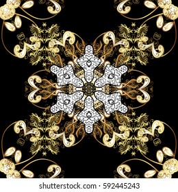Ornamental floral elements with henna tattoo, golden stickers, mehndi and yoga design, cards and prints. Pattern on black background with golden elements. Vector golden mehndi.