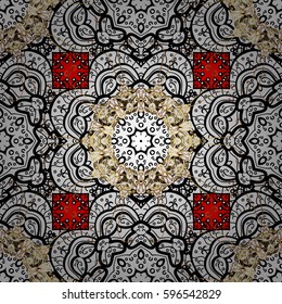 Ornamental floral elements with henna tattoo, golden stickers, mehndi and yoga design, cards and prints. Pattern on red background with golden elements. Vector golden mehndi seamless pattern.
