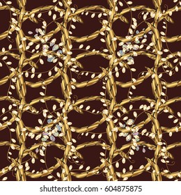 Ornamental floral elements with henna tattoo, golden stickers, mehndi and yoga design, cards and prints. Pattern on brown background with golden elements. Vector golden mehndi seamless pattern.
