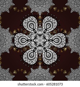 Ornamental floral elements with henna tattoo, golden stickers, mehndi and yoga design, cards and prints. Pattern on brown background with golden elements.