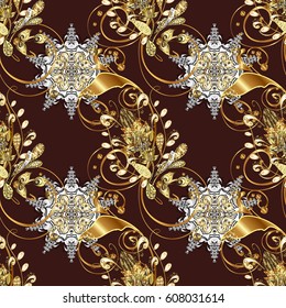 Ornamental floral elements with henna tattoo, golden stickers, mehndi and yoga design, cards and prints. Pattern on brown background with golden elements. Vector golden mehndi seamless pattern.