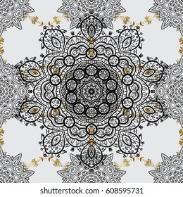 Ornamental floral elements with henna tattoo, golden stickers, mehndi and yoga design, cards and prints. Pattern on gray background with golden elements. Vector golden mehndi seamless pattern.