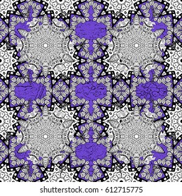 Ornamental floral elements with henna tattoo, white stickers, mehndi and yoga design, cards and prints. Pattern on violet background with white elements. Vector white mehndi pattern.