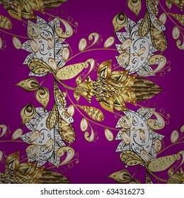 Ornamental floral elements with henna tattoo, golden stickers, mehndi and yoga design, cards and prints. Pattern on magenta background with golden elements. Vector golden mehndi seamless pattern.