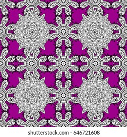 Ornamental floral elements with henna tattoo, whiteen stickers, mehndi and yoga design, cards and prints. Pattern on magenta background. Vector white mehndi seamless pattern.