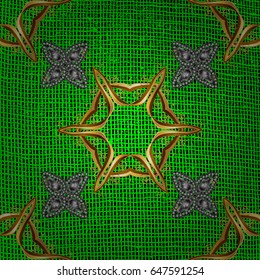 Ornamental floral elements with henna tattoo, golden stickers, mehndi and yoga design, cards and prints. Pattern on green background with golden elements. Vector golden mehndi pattern.