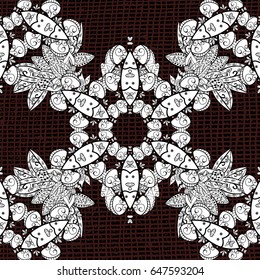 Ornamental floral elements with henna tattoo, whiteen stickers, mehndi and yoga design, cards and prints. Pattern on brown background. Vector white mehndi seamless pattern.