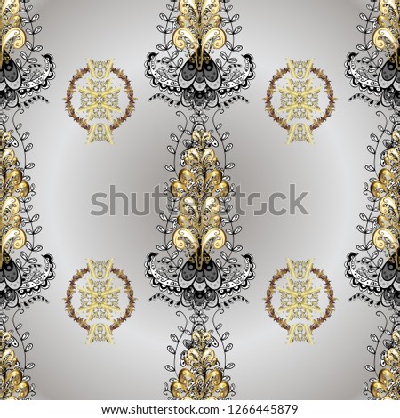 Ornamental floral elements with henna tattoo, golden stickers, mehndi and yoga design, cards and prints. Pattern on gray and neutral colors. Vector golden mehndi seamless pattern.