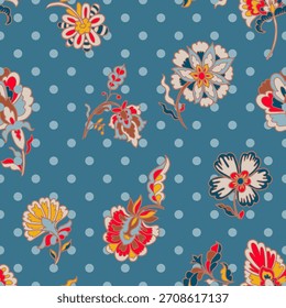Ornamental floral elements on a dotted blue background in decorative vector style. Seamless pattern suitable for textiles stationery and surface design.