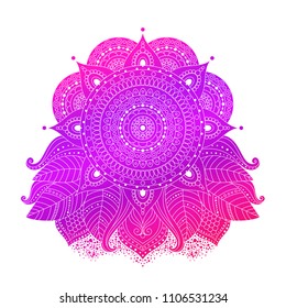 Ornamental floral ethnic design element isolated, vector art, Indian, asian decor. Hand drawn boho style, gypsy illustration in pink, violet colors for tattoo, card, invitation.