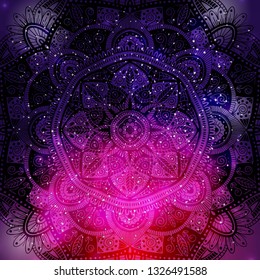 Ornamental floral ethnic mandala on purple galaxy background, vector illustration