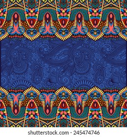 ornamental floral folkloric background for invitation, cover design, fabric pattern or page decoration, ethnic border on vintage flower background, ultramarine color