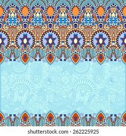 ornamental floral folkloric background for invitation, cover design, fabric pattern or page decoration, ethnic border on vintage flower background in blue color