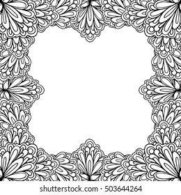 Ornamental floral frame with space for text, greeting card template or coloring book page, circle in square. Vector illustration