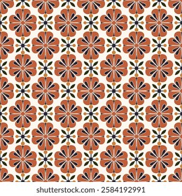 Ornamental Floral Grid Seamless Pattern in Bright Orange and White