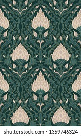 Ornamental floral ornament. Green template for carpet, wallpaper, shawl, textile and any surface. Ornamental pattern with filigree details.