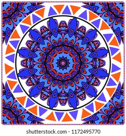 ornamental floral pattern for fashion print. Ethnic mandala decoration. For fashion print, bandanna, tablecloth, neck scarf.