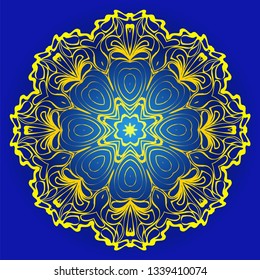Ornamental Floral Pattern. Hand Draw Mandala. Decorative Elements. Vector Illustration. Anti-Stress Therapy Pattern. Oriental Pattern. Indian, Moroccan, Mystic, Ottoman Motifs. Blue, yellow color.