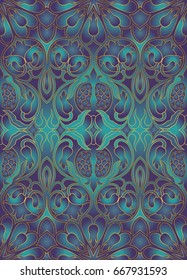 Ornamental floral pattern. Iridescent background with pomegranates. Template for textile, carpet, wallpaper, shawl.