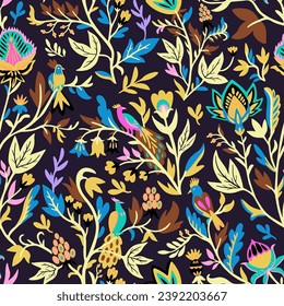 Ornamental floral pattern with stylized ornate floral elements and fantasy birds. Vector illustration