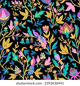 Ornamental floral pattern with stylized ornate floral elements and fantasy birds. Vector illustration