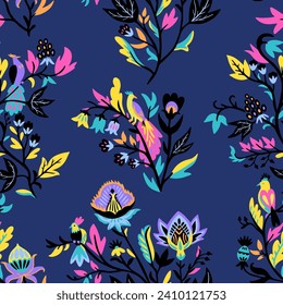 Ornamental floral pattern with stylized ornate floral elements and fantasy birds. Vector illustration
