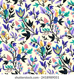 Ornamental floral pattern with stylized ornate floral elements and fantasy birds. Vector illustration.