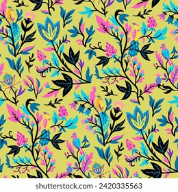 Ornamental floral pattern with stylized ornate floral elements and fantasy birds. Vector illustration.