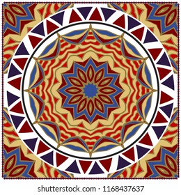 Ornamental floral print with color mandala. For design of carpet, shawl, pillow, cushion. Vector illustration.