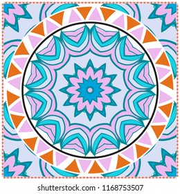 Ornamental floral print with color mandala. For design of carpet, shawl, pillow, cushion. Vector illustration.
