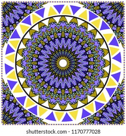 Ornamental floral print with color mandala. For design of carpet, shawl, pillow, cushion. Vector illustration.