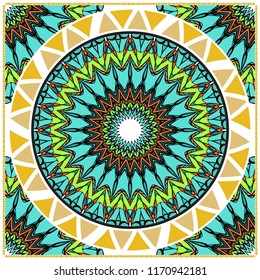Ornamental floral print with color mandala. For design of carpet, shawl, pillow, cushion. Vector illustration.