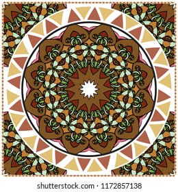 Ornamental floral print with color mandala. For design of carpet, shawl, pillow, cushion. Vector illustration.
