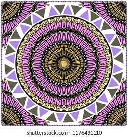 Ornamental floral print with color mandala. For design of carpet, shawl, pillow, cushion. Vector illustration.