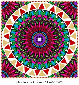 Ornamental floral print with color mandala. For design of carpet, shawl, pillow, cushion. Vector illustration.