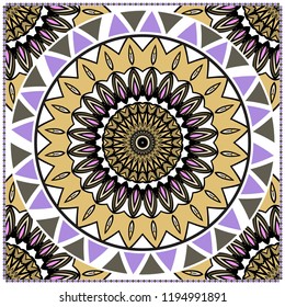 Ornamental floral print with color mandala. For design of carpet, shawl, pillow, cushion. Vector illustration.