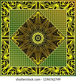 Ornamental floral print with color mandala. For design of carpet, shawl, pillow, cushion. Vector illustration.