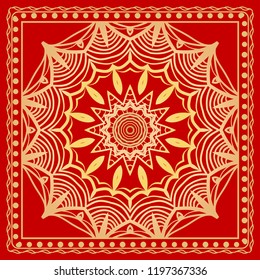 Ornamental floral print with color mandala. For design of carpet, shawl, pillow, cushion. Vector illustration.