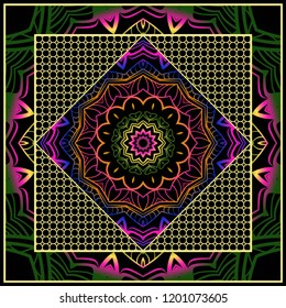 Ornamental floral print with color mandala. For design of carpet, shawl, pillow, cushion. Vector illustration.