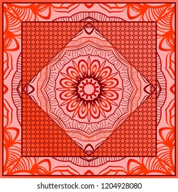 Ornamental floral print with color mandala. For design of carpet, shawl, pillow, cushion. Vector illustration.
