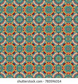 Ornamental floral print on wallpaper, linoleum, textile. Vector pattern with Mandalas, flower paisley. Seamless Indian motif in pink, blue and yellow colors.
