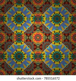 Ornamental floral print on wallpaper, linoleum, textile. Vector pattern with Mandalas, flower paisley. Seamless Indian motif in orange, blue and yellow colors.