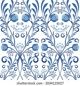 Ornamental Floral Seamless pattern for design in the style of ethnic porcelain painting. Blue minimalis flowers, curls and leaves on a white background. Vector illustration