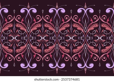 Ornamental Floral Seamless Pattern in Purple and Pink pattern features intricate swirls and motifs in purple and pink hues, creating a vintage yet modern aesthetic. Perfect for textiles, wallpapers