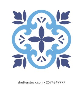 Ornamental floral tile pattern in blue and navy, featuring symmetrical motifs and elegant curves on a white background. Concept of traditional art. Vector illustration